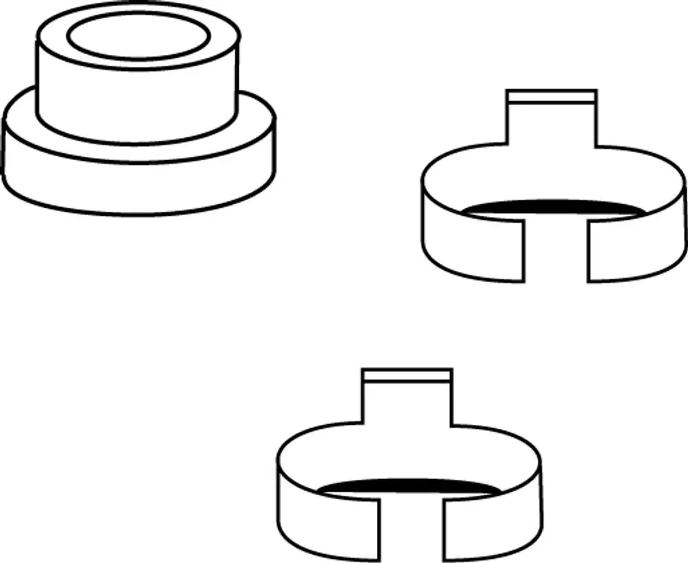 Drei Durchflussbegrenzer von Ideal Standard in unterschiedlichen Formen, jeweils mit einem zylindrischen und einem offenen Endteil zur Regulierung des Wasserflusses.